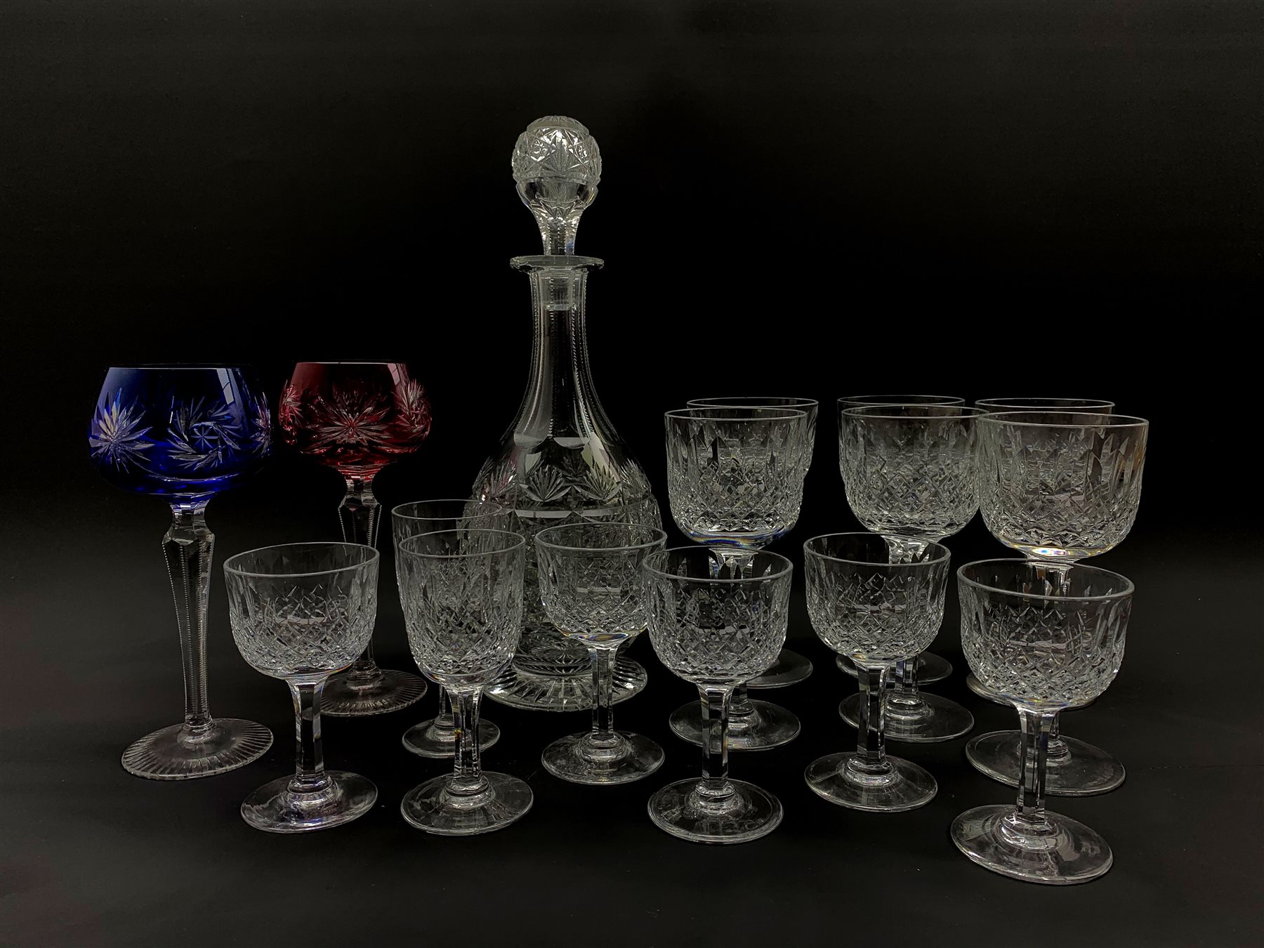 Set of six Thomas Webb 'Normandy' pattern wine glasses, five smaller glasses and two liqueur glasses