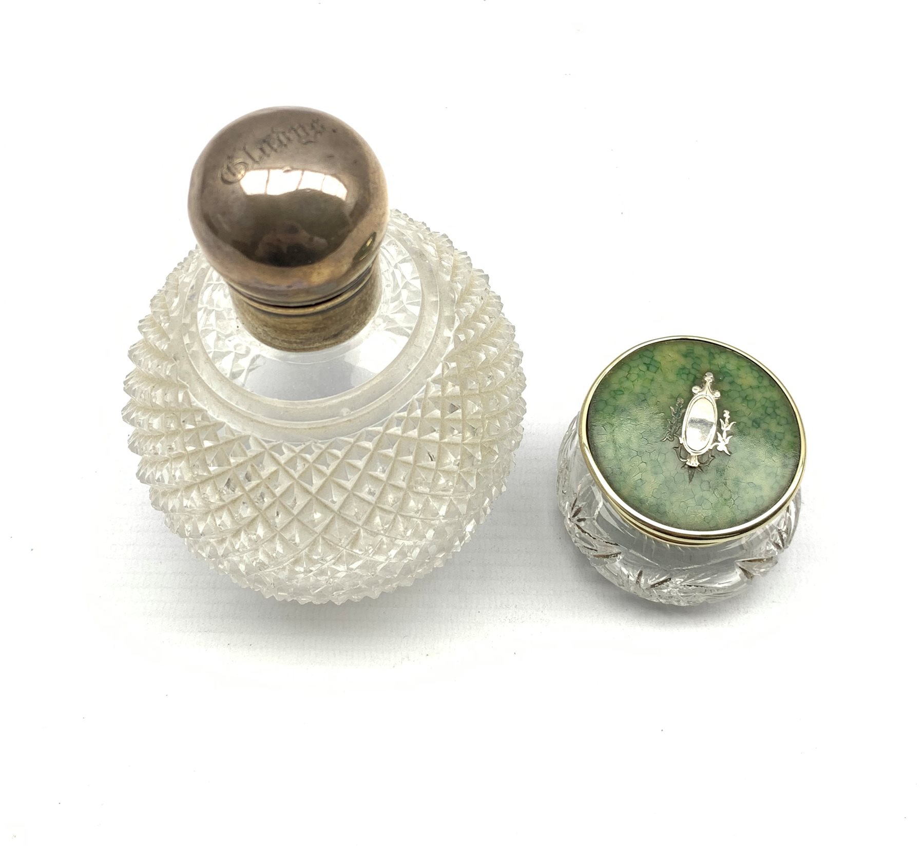 Victorian clear glass scent bottle of globular form with white metal screw on lid inscribed 'Gladys' - Image 2 of 2