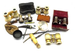 Three pairs of 19th/ early 20th century turned ivory binoculars, one with leather case, a pair of mo