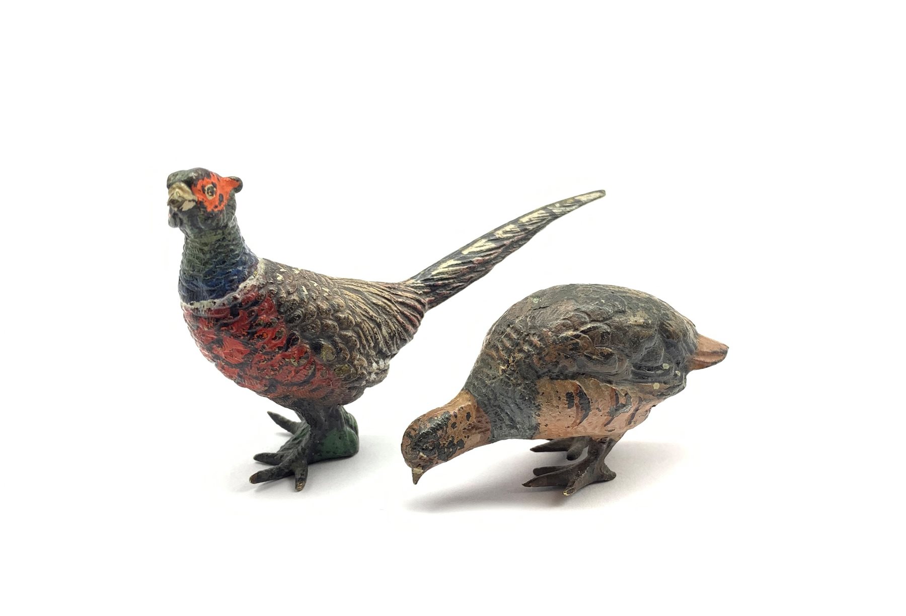 Cold painted bronze model of a Cock and Hen Pheasant, L8.5cm (max)