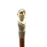 Victorian Phrenology walking cane, Malacca shaft with silver collar and carved ivory phrenology head