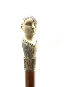 Victorian Phrenology walking cane, Malacca shaft with silver collar and carved ivory phrenology head