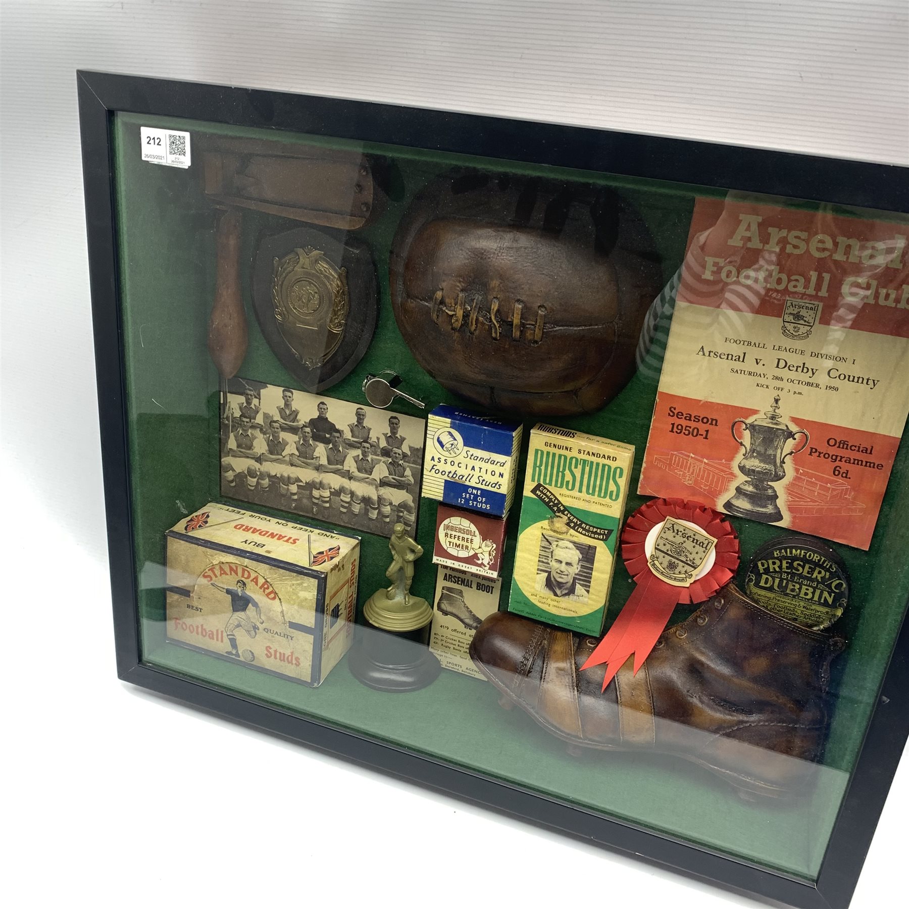 Montage of football items including Arsenal programme 1950, wooden rattle, whistle etc in a glazed c - Image 2 of 2