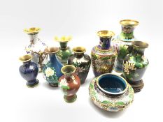 Ten Chinese Cloisonne vases, mostly 20th century, three including stands, H23cm max