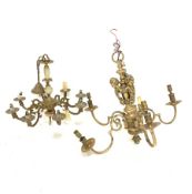 20th century five branch brass chandelier, the central support with three cherub heads and pineapple