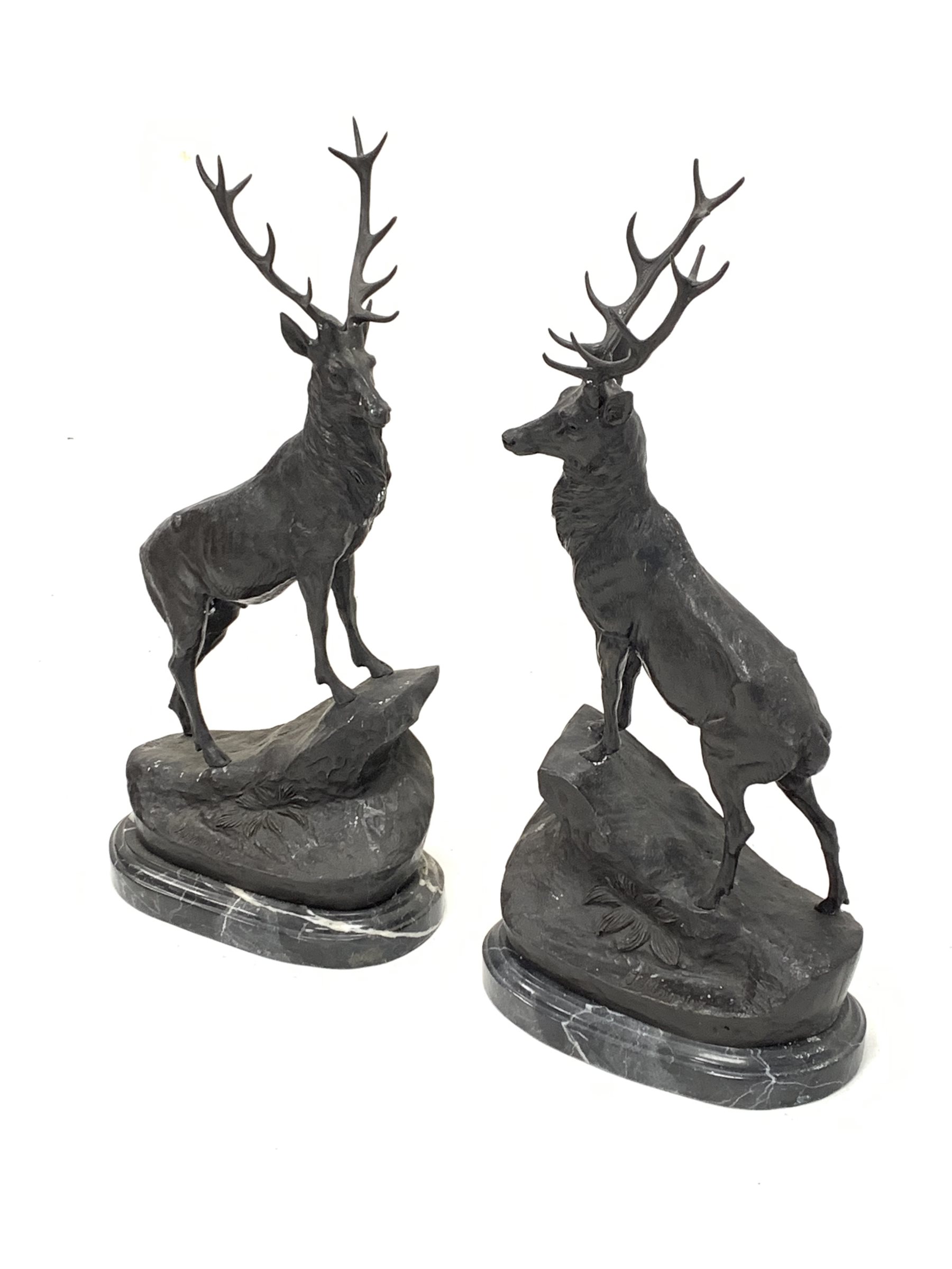 After Jules Moignier - Pair of bronze stags on marble bases H73cm - Image 2 of 3