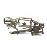 Five various vintage gin traps. These are sold for ornamental purposes only as their use is illegal