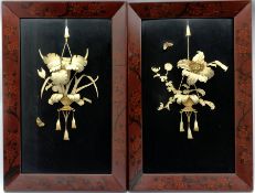 Pair of Japanese Meiji period framed black lacquer panels depicting similar hanging displays of carv