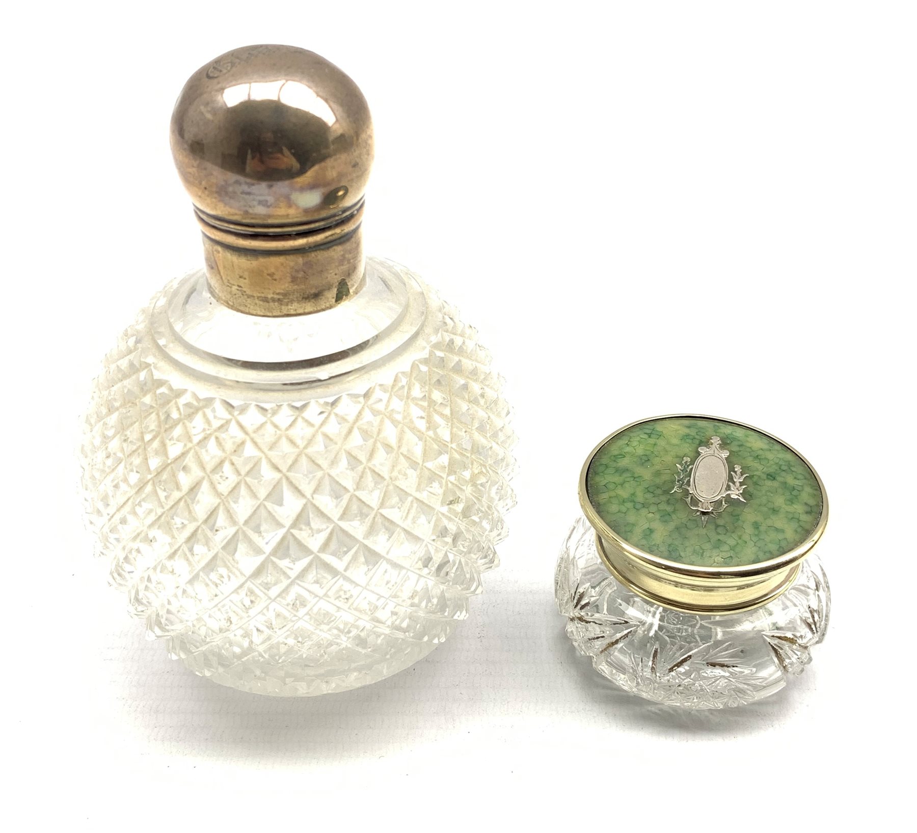 Victorian clear glass scent bottle of globular form with white metal screw on lid inscribed 'Gladys'