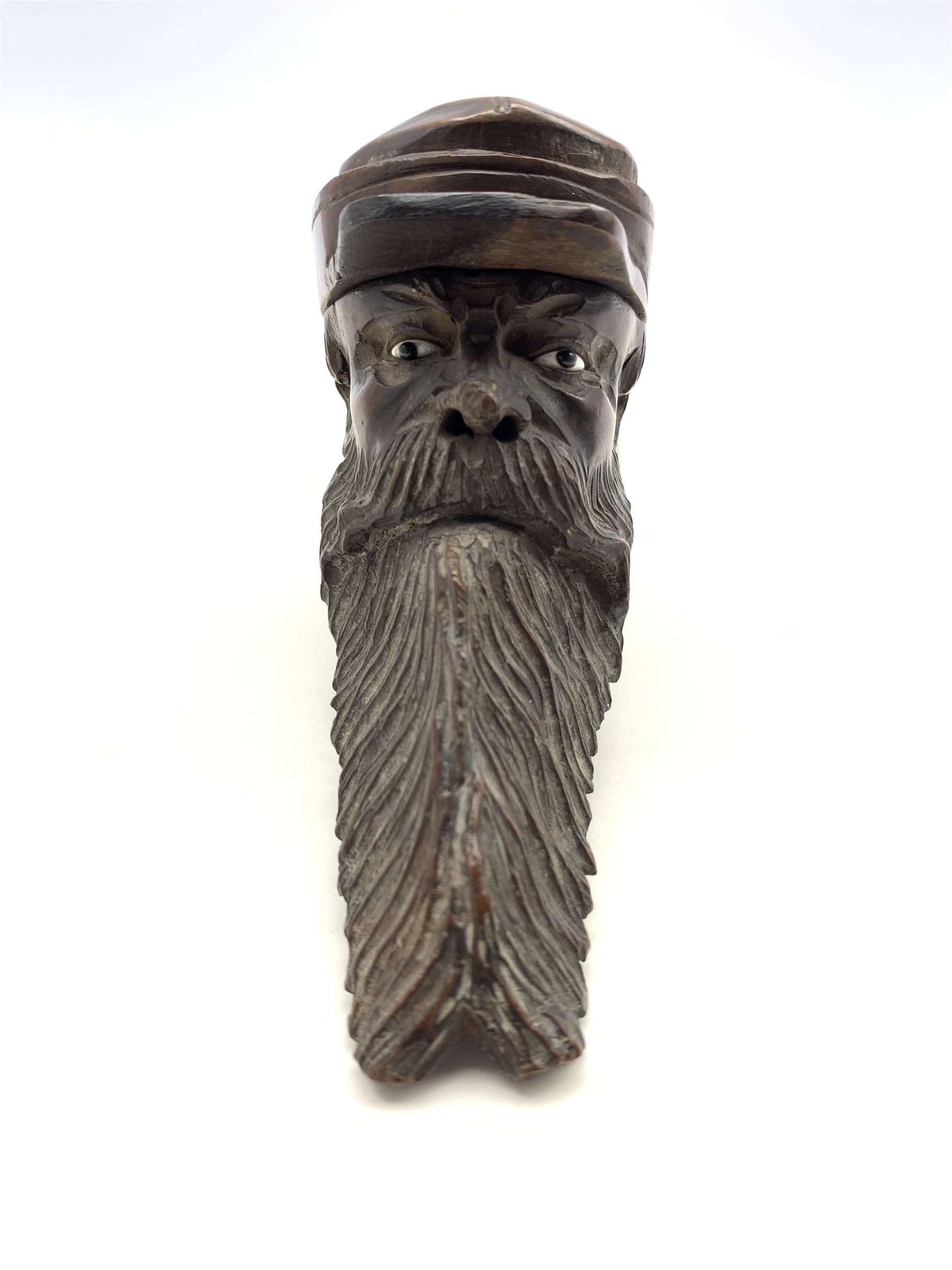 Early 20th century Briar pipe in the form of a bearded gentleman wearing a cap, inset glass eyes and - Image 3 of 4