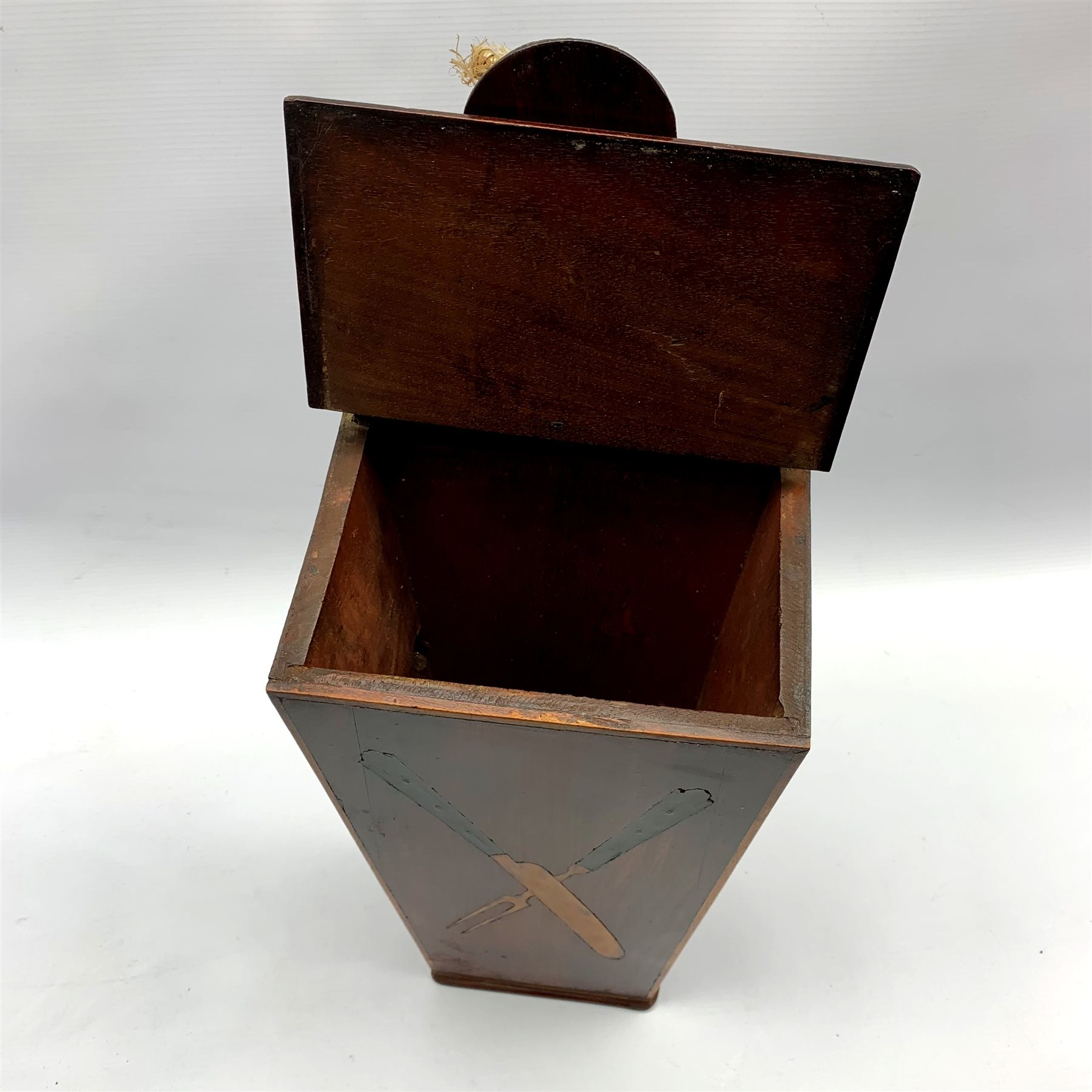 Georgian mahogany tapering cutlery box, inlaid in boxwood with a knife and carving fork, H48cm - Image 3 of 3