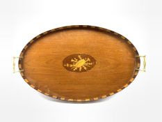 Edwardian mahogany oval tray inlaid with a panel of musical instruments and flowers with brass handl