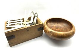 Burr yew wood fruit bowl on a pedestal foot D27cm and a painted metal lawn clock golf set