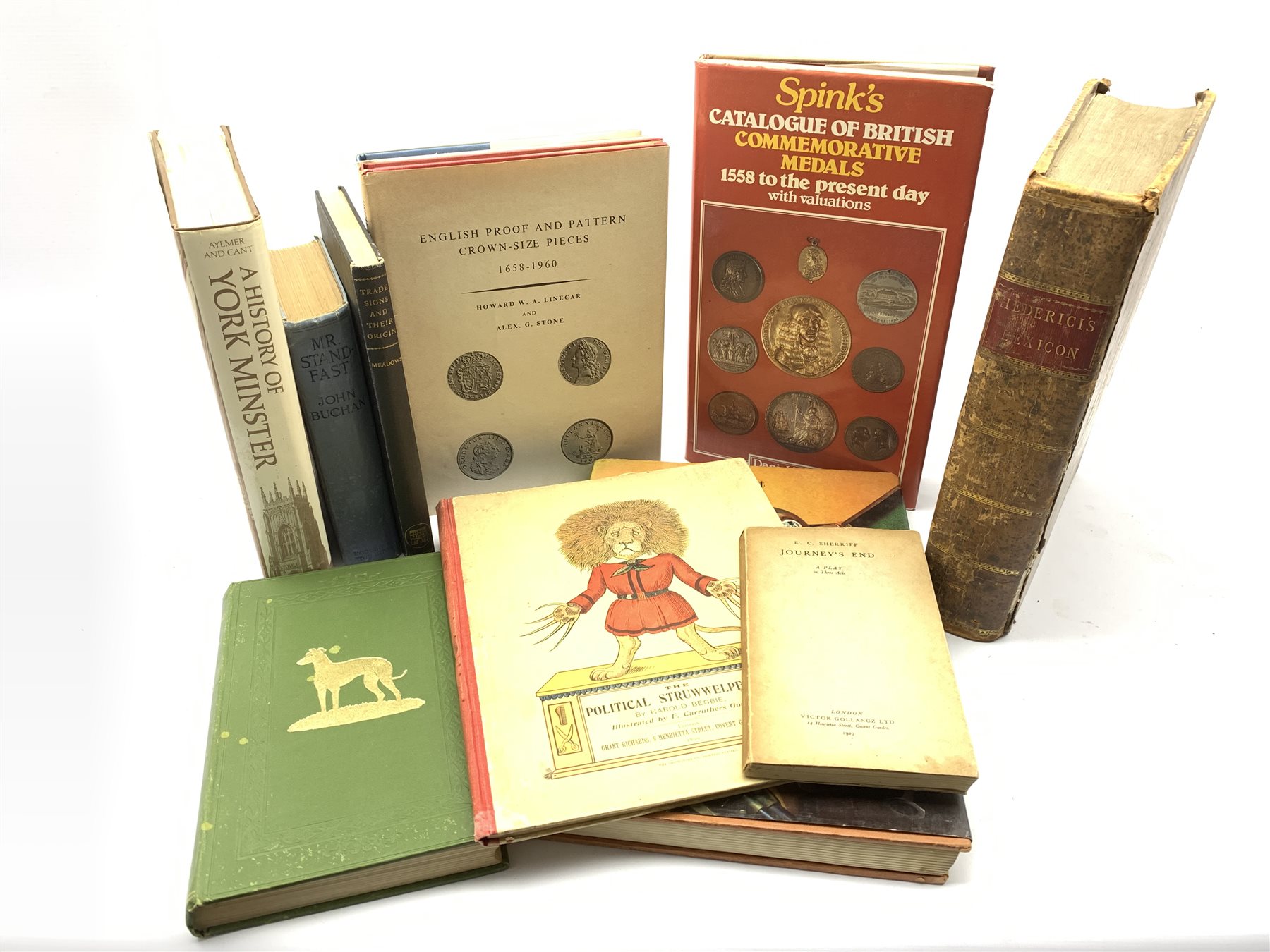Qty of books including Political Struwwelpeter, Greek Lexicon published 1790 in tree calf and variou