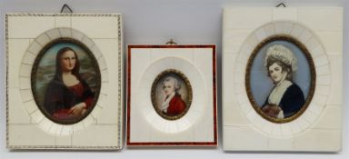 Continental School (Early 20th century): Mona Lisa, portrait miniature in ivory frame and two simila