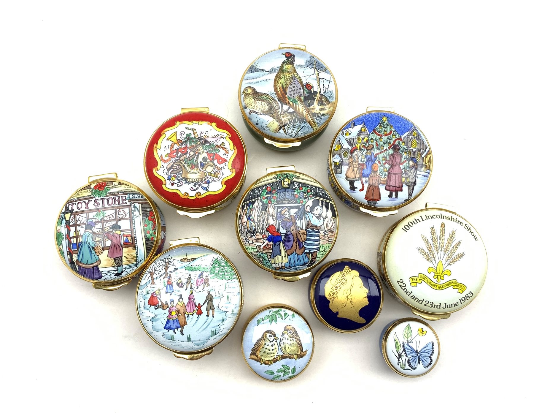 Collection of ten Crummles enamel pill boxes to include Year boxes 1989, 1991, 1993, 1994 and 1996,