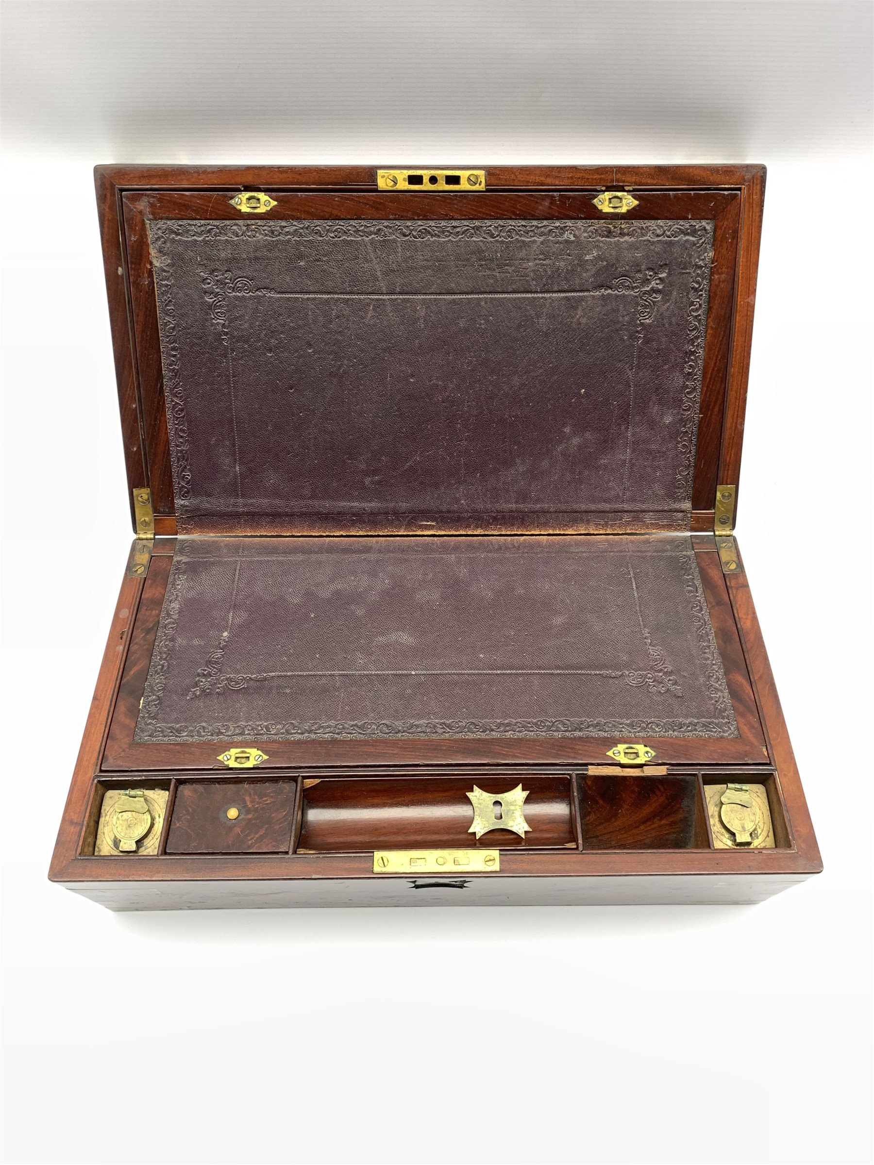 19th century figured mahogany brass mounted campaign writing slope with leather writing surface, twi - Image 3 of 3