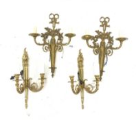 Pair of modern Georgian design brass two branch wall lights with tied bow finials H49cm and another