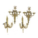 Pair of modern Georgian design brass two branch wall lights with tied bow finials H49cm and another