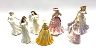 Three Royal Doulton figures Christmas Parcels, Christmas Angel and Skating, two Royal Worcester figu