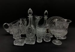 Assorted cut glass including an Edinburgh crystal decanter, a floral etched tankard, pedestal bonbon
