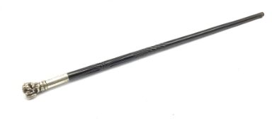 Early 20th century carved ebonised walking cane with silver-plated handle cast as dogs head, L81cm