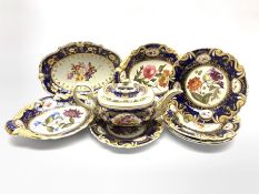 Bloor Derby shaped oval dish centrally painted with floral sprays within a cobalt blue and gilt bord