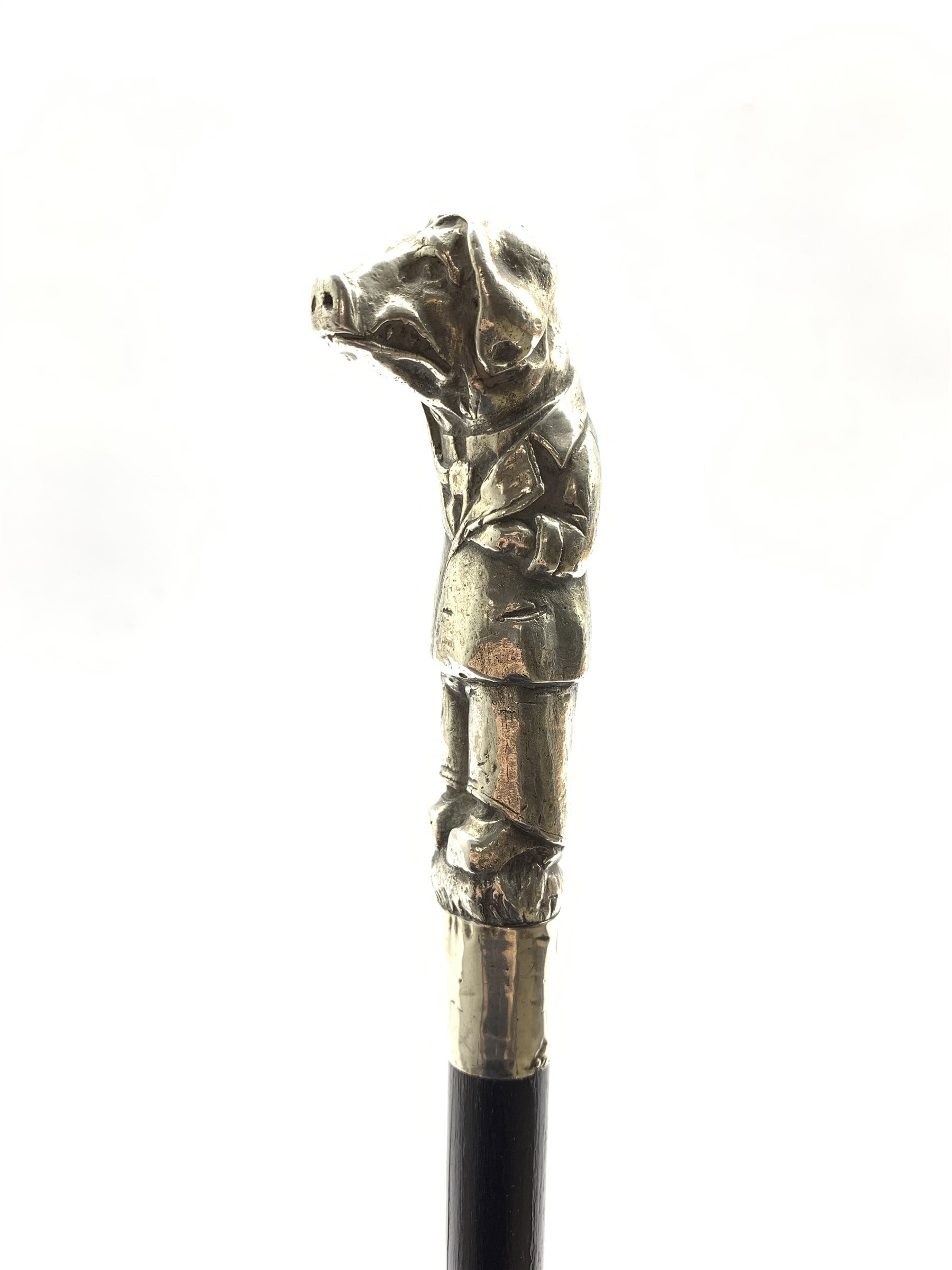 Late Victorian ebonised walking cane, the finial modelled as a silver Anthropomorphic Pig wearing a - Image 5 of 7