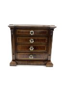 Small Victorian inlaid mahogany chest of inverted breakfront design with four long drawers on a pli