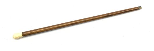 20th century hardwood walking cane, the earlier turned ivory handle unscrews to reveal baby's rattle