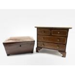 Small oak chest of two long and two short drawers on bracket feet W31cm and a Victorian mahogany tea