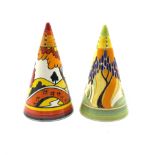 Two Wedgwood limited edition Clarice Cliff Design sugar sifters of conical form comprising 'House an