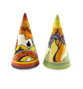 Two Wedgwood limited edition Clarice Cliff Design sugar sifters of conical form comprising 'House an