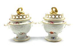 Pair Chamberlain Worcester sauce tureens and covers, the lid with pierced gallery and gilded dolphin