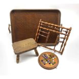 Early 20th century oak twin-handled tray, L61cm, solitaire board with glass marbles, a stool and a t