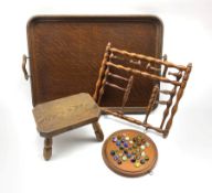 Early 20th century oak twin-handled tray, L61cm, solitaire board with glass marbles, a stool and a t