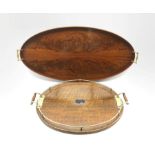 20th century figured mahogany oval tray with brass handles L82cm and an oak oval tray with plated m