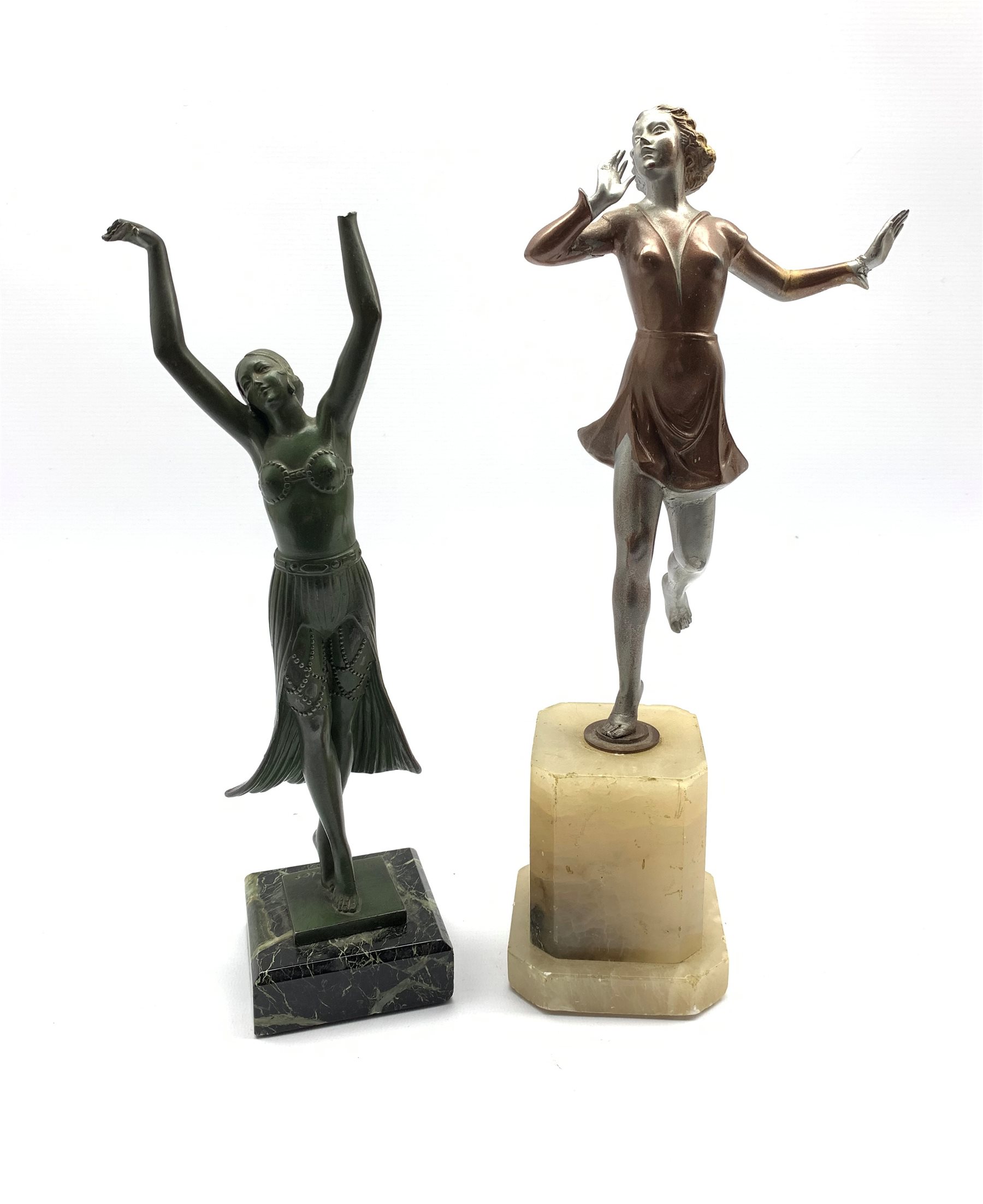 Art Deco spelter figure of a Dancer on stepped alabaster base H35cm together with an Art Deco patina