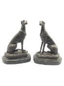 After Barrie - Pair of bronze models of seated greyhounds on marble bases H19cm