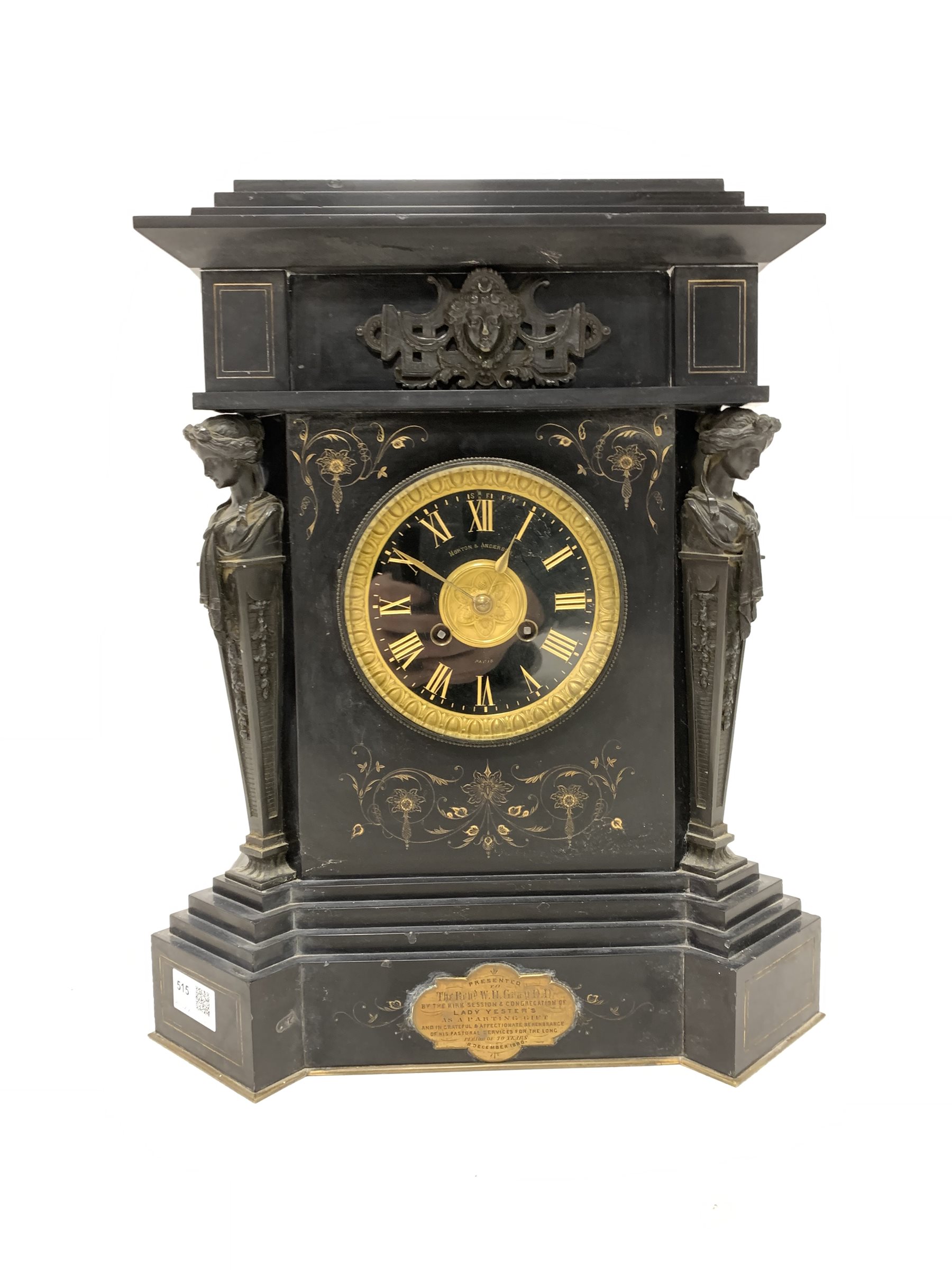 Victorian slate architectural presentation mantel clock, with stepped top over applied bronze mask, - Image 2 of 6