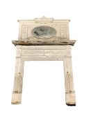 Early 20th century Georgian revival cast iron fire surround of classical design, the over mantel wi