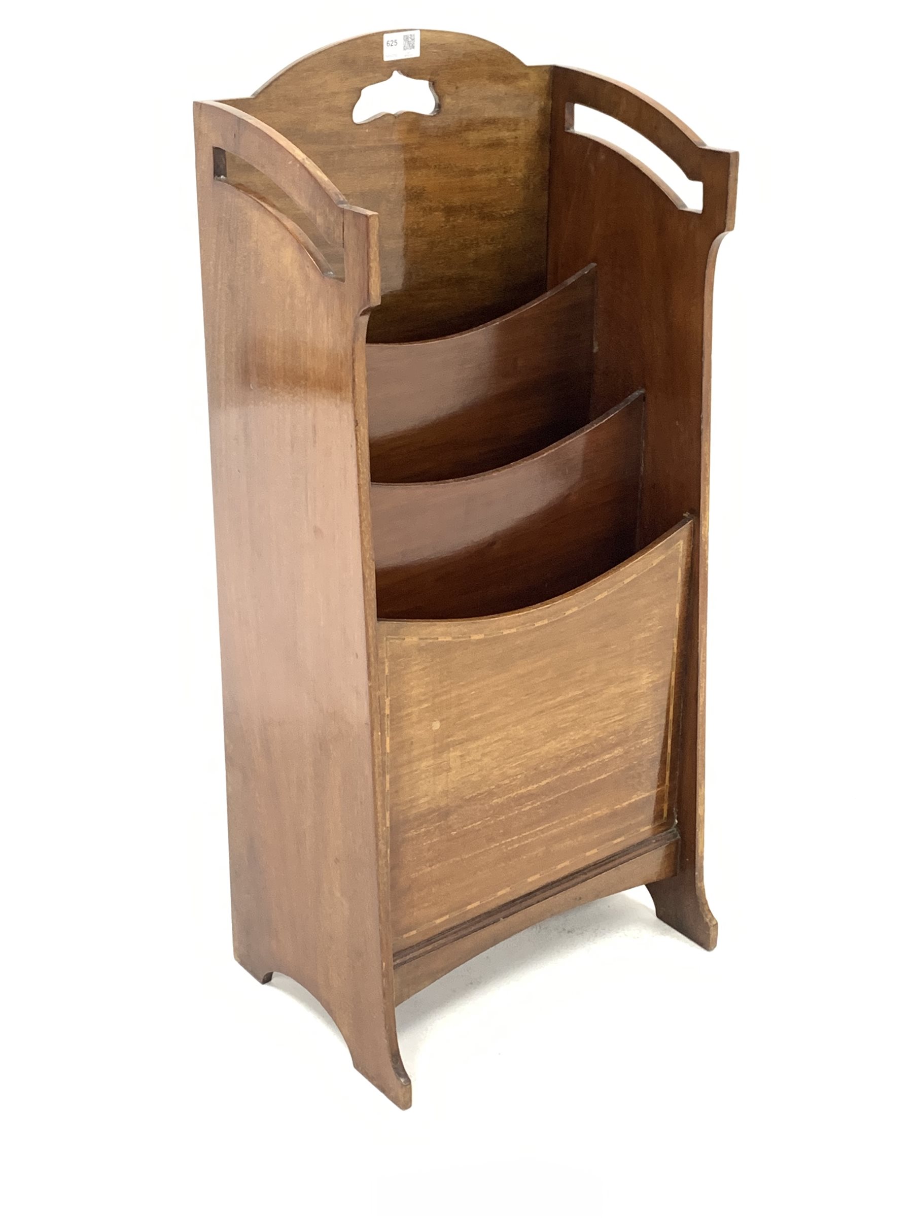 Edwardian mahogany magazine rack, with pierced and shaped handles, three divisions and herringbone i