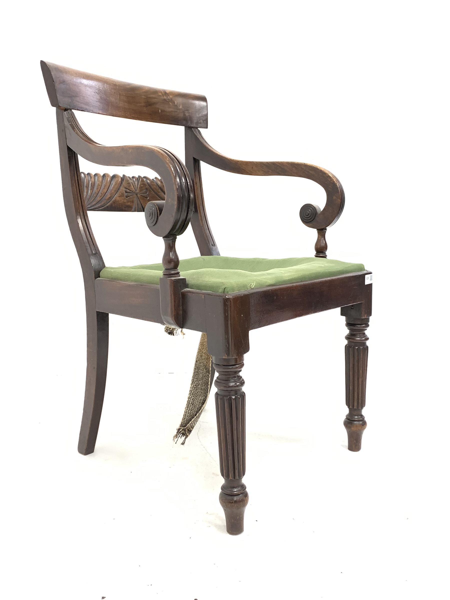 Regency mahogany elbow chair, lobe carved back rail, scrolled and reeded arm supports, drop in uphol - Image 2 of 3