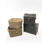 Early 20th century dome topped and canvas covered wicker basket, with lift out tray to interior (W61