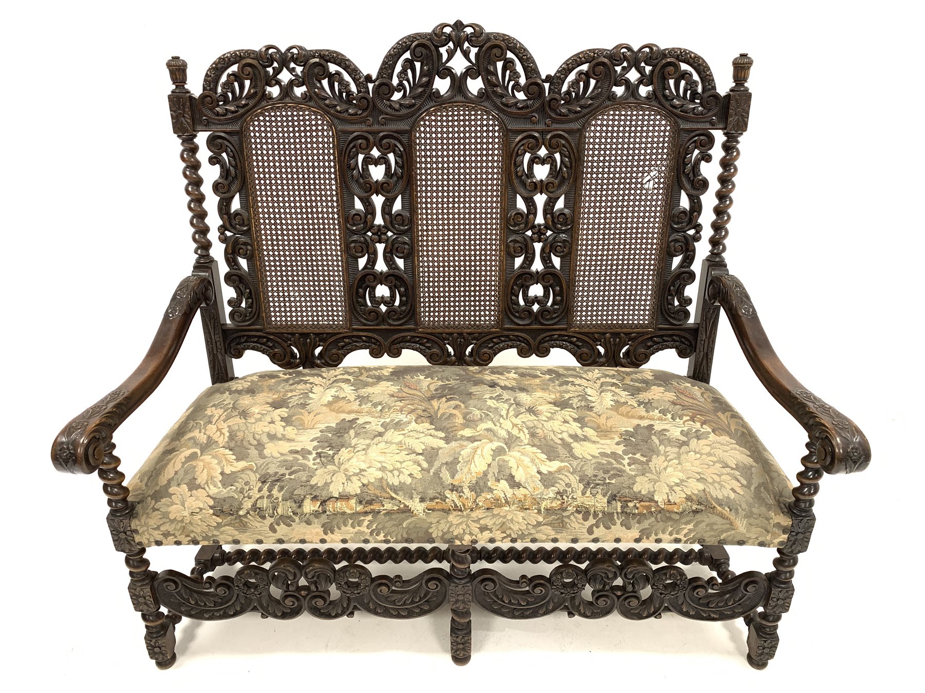 Early 20th century William and Mary style walnut hall seat, with cane panels to back, profusely carv - Image 6 of 8