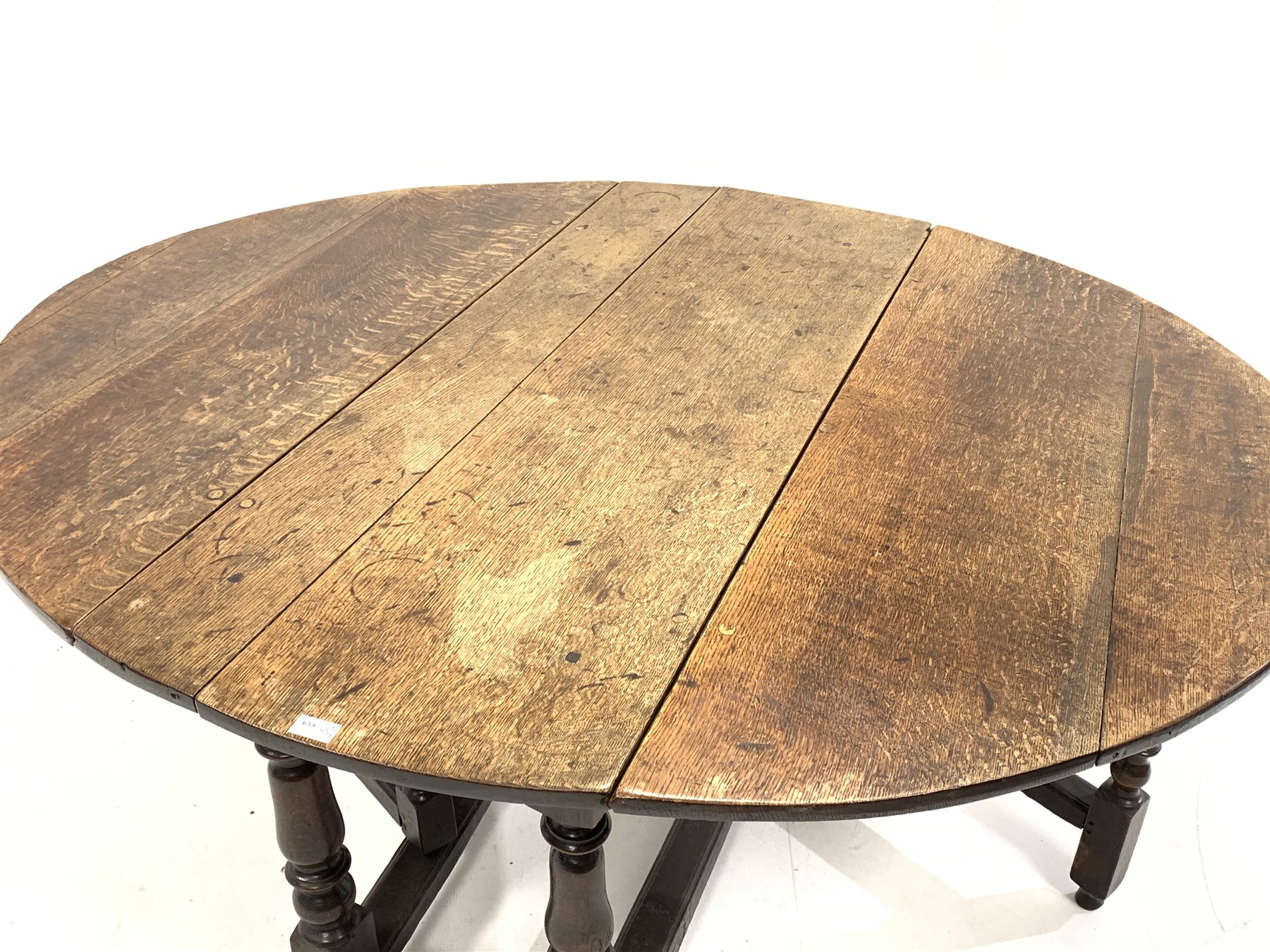 Late 17th century oak gateleg dining table, the oval top raised on turned and block supports, 163cm - Image 2 of 5