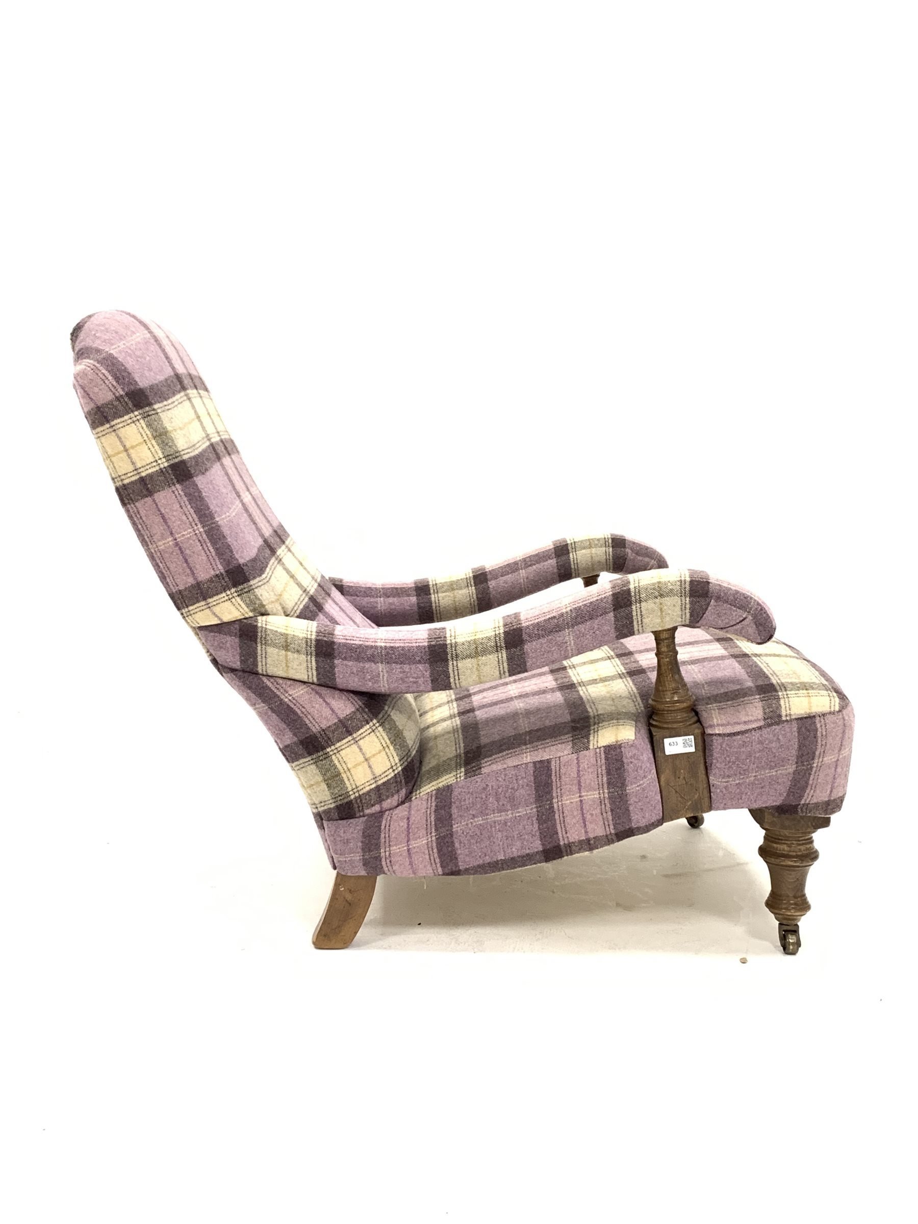 Victorian style low armchair upholstered in chequed wool, with open arms raised on turned oak front - Image 4 of 4