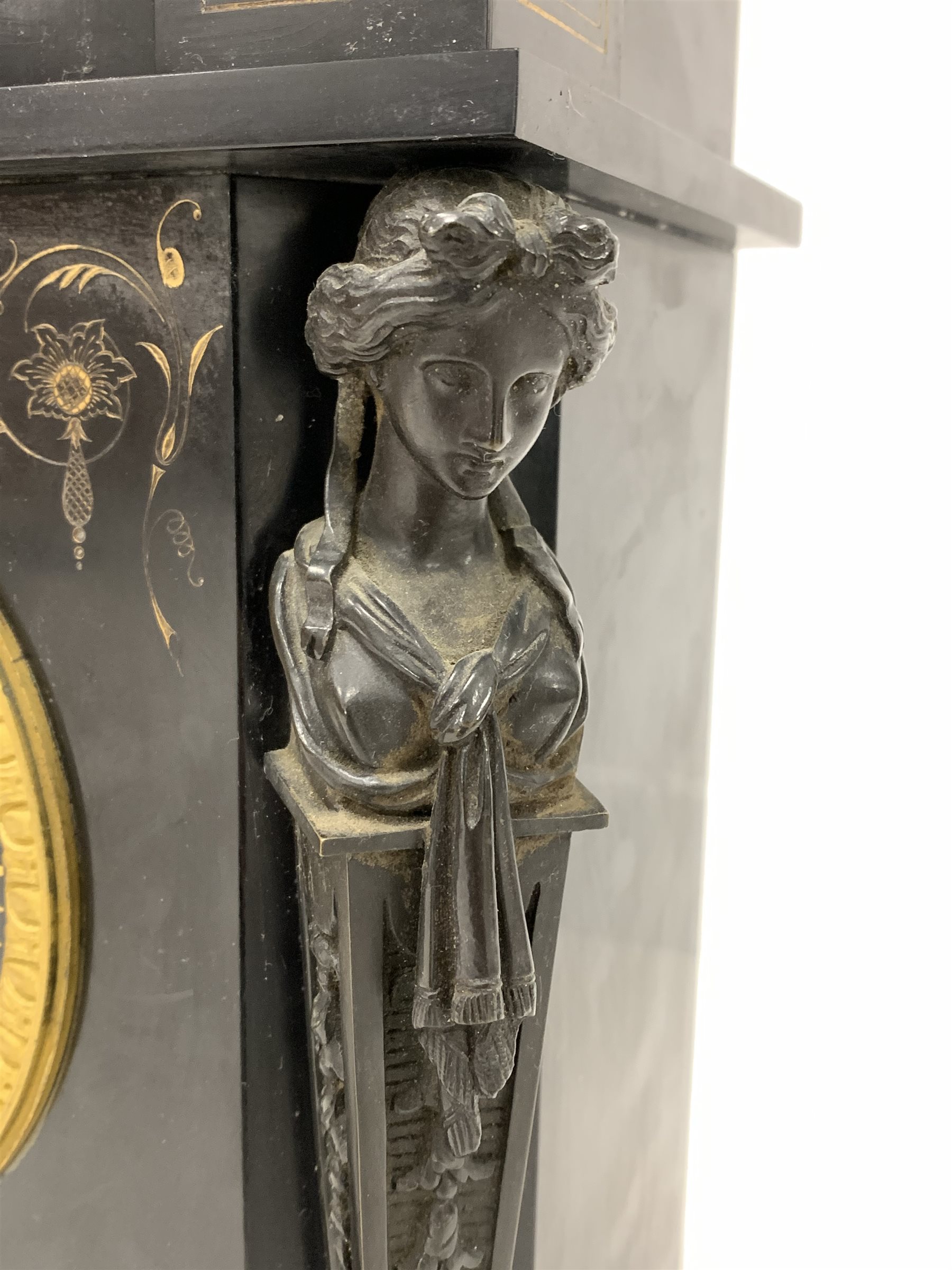 Victorian slate architectural presentation mantel clock, with stepped top over applied bronze mask, - Image 4 of 6