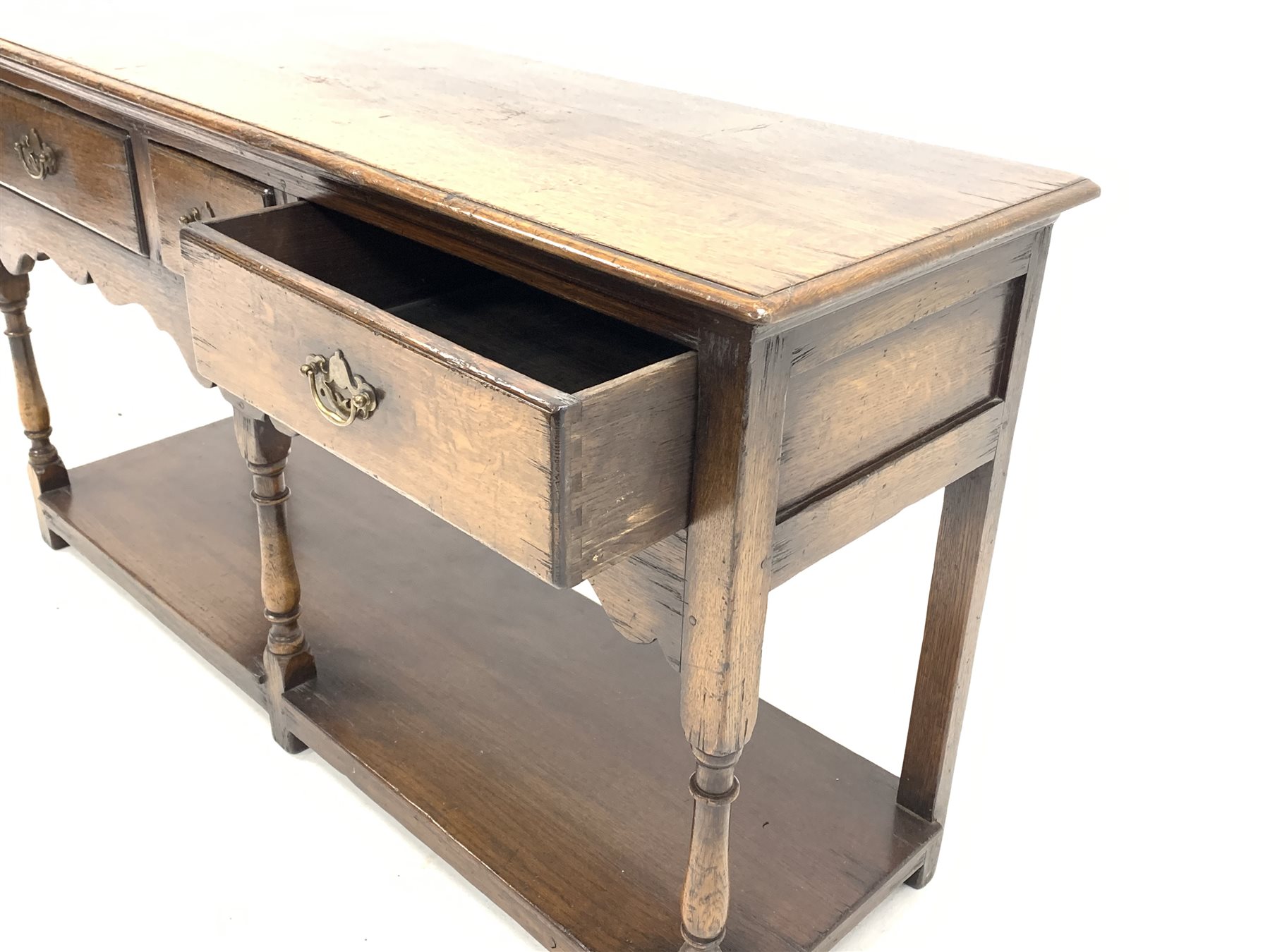 18th century style oak dresser, rectangular moulded top over three drawers, shaped apron, raised on - Image 3 of 4