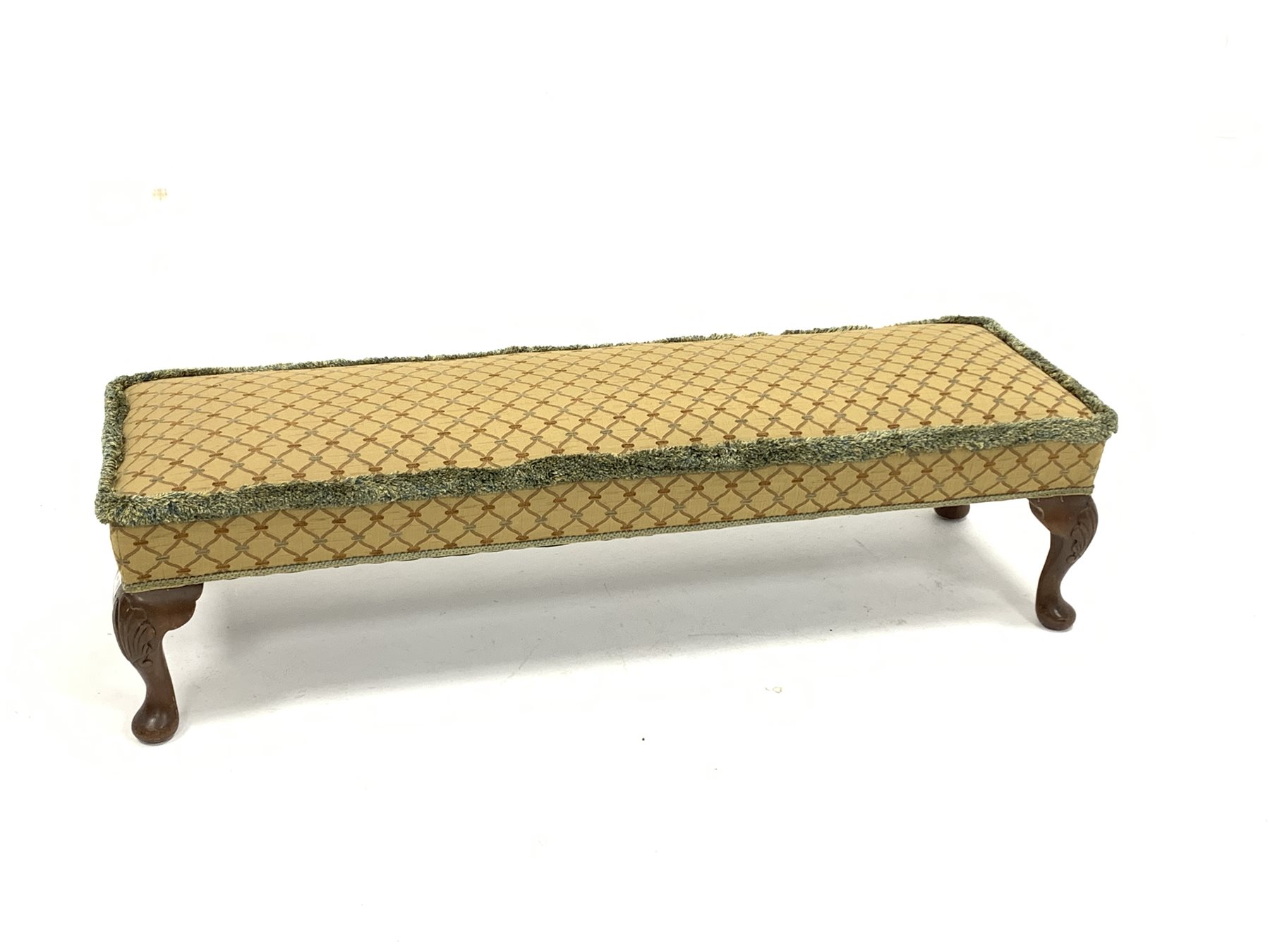 Early 20th century footstool, upholstered top over four walnut shell carved cabriole supports
